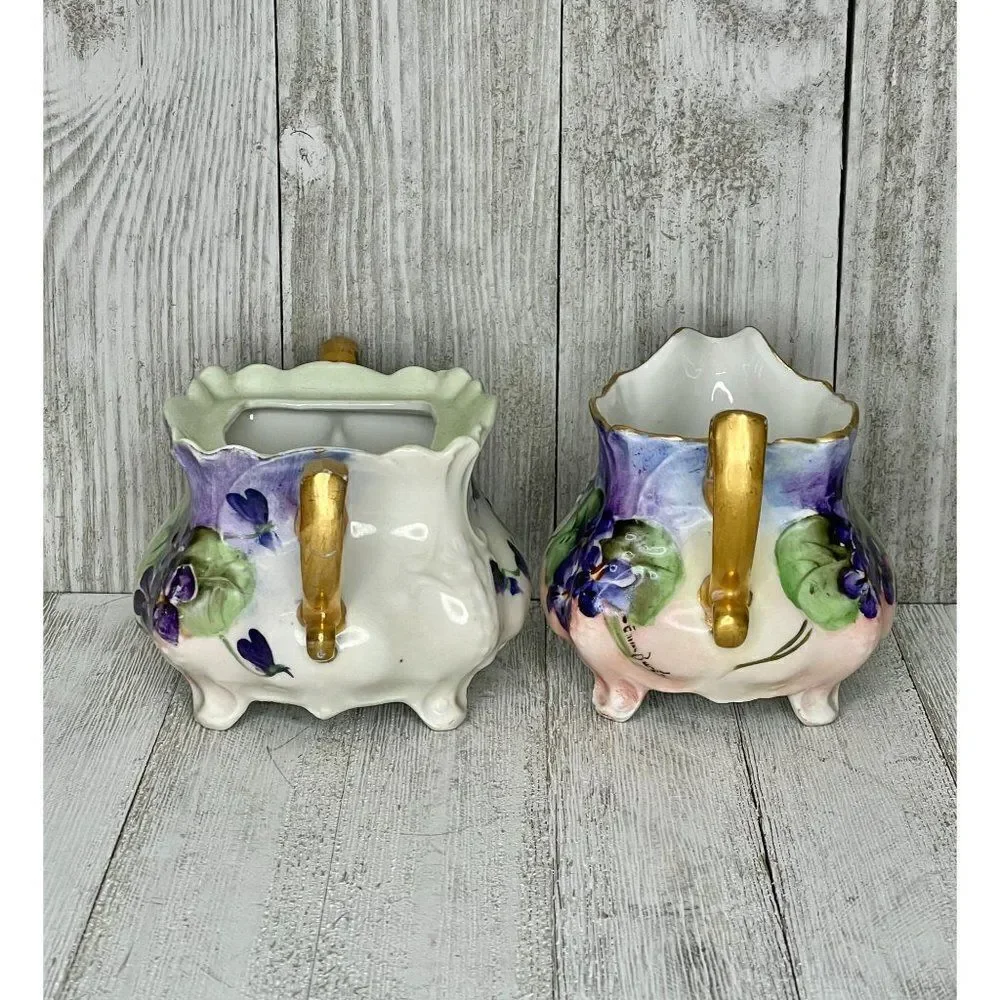 Hand Painted Porcelain Cream and Sugar Set Germany Violets